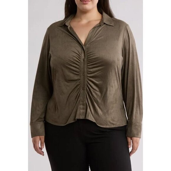 Calvin Klein NWT Ruched Button-up Shirt Caper (Olive Green)  Size 2X - Picture 1 of 10